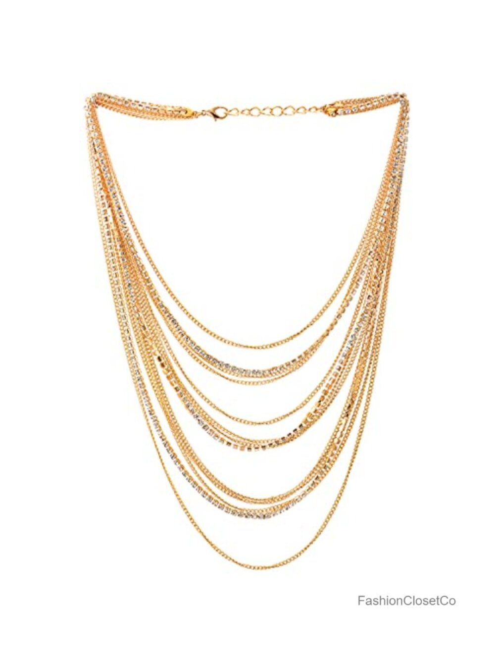 Multi-Strand Rhinestone Statement Collar Necklace 18K Gold-Plated